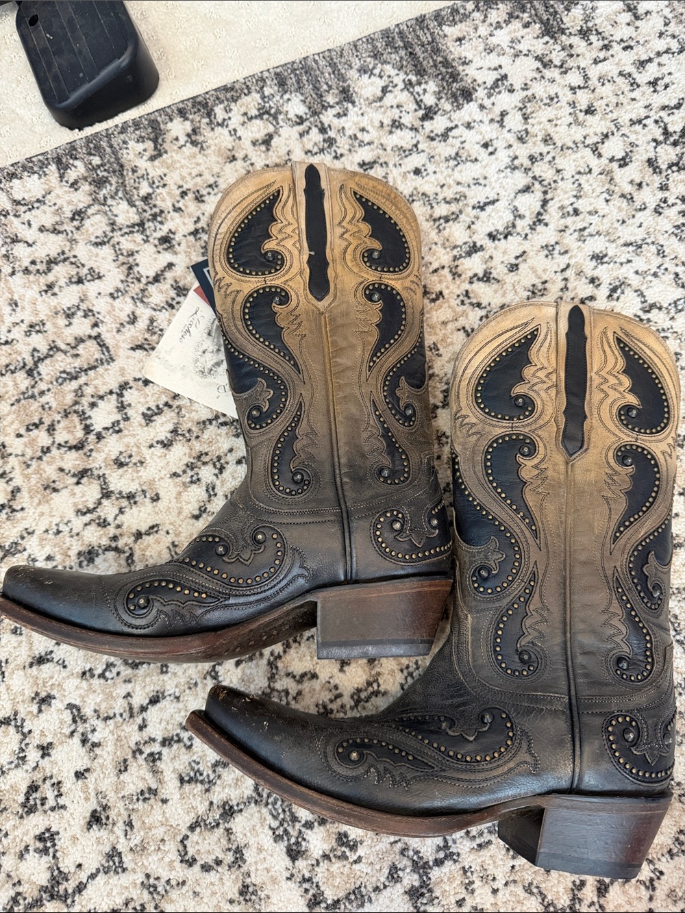 Lucchese Black and Tan Embossed Western Boots with Stud Detailing